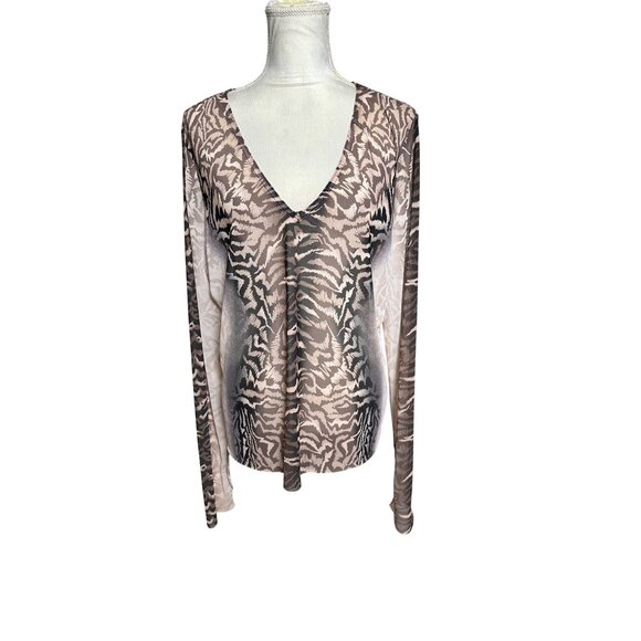 AFRM Tiger Animal Print Sheer Top V Neck 3X Thumb Hole On Long sleeves Stretchy - Picture 1 of 8